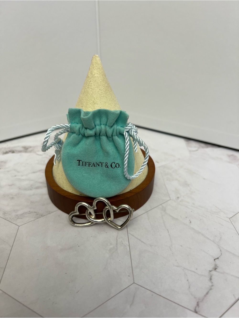 Tiffany & Co. Robin's Egg Blue Drawstring Pouch with Silver Triple Heart Brooch